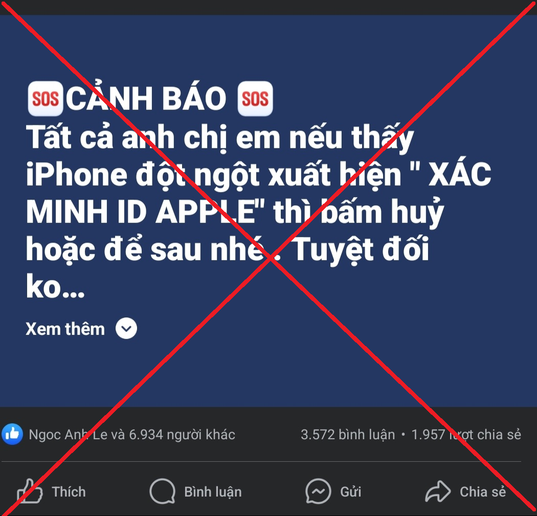 Cảnh báo 'Xác minh ID Apple' để chiếm tài khoản là tin giả